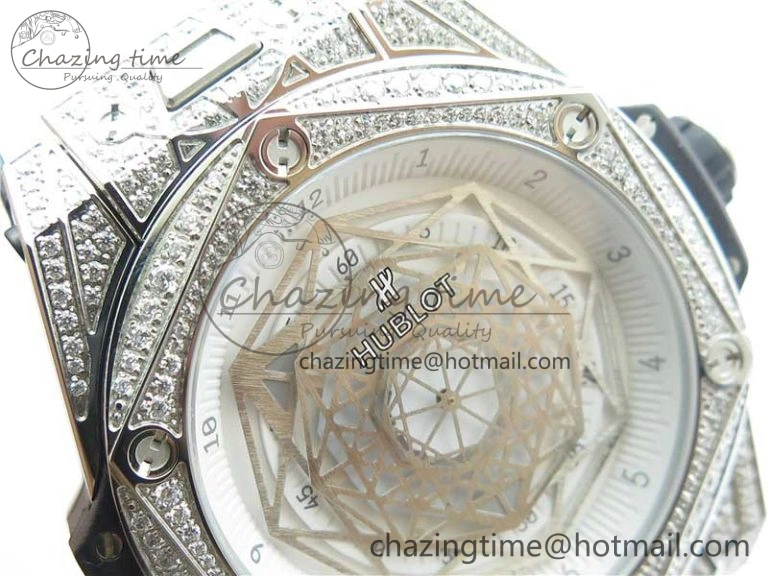 Big Bang Unico Sang Bleu Titanium Diamonds HBF Skeleton Dial on White Gummy Strap HUB FashionForward 6819