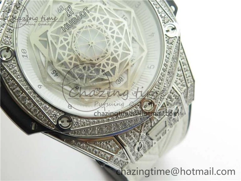 Big Bang Unico Sang Bleu Titanium Diamonds HBF Skeleton Dial on White Gummy Strap HUB FashionForward 6819