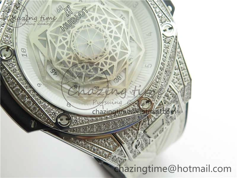 Big Bang Unico Sang Bleu Titanium Diamonds HBF Skeleton Dial on White Gummy Strap HUB FashionForward 6819