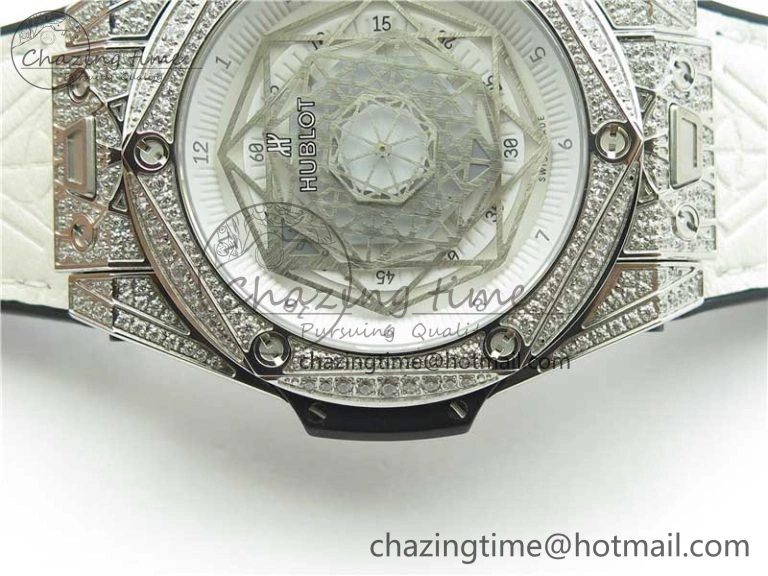 Big Bang Unico Sang Bleu Titanium Diamonds HBF Skeleton Dial on White Gummy Strap HUB FashionForward 6819