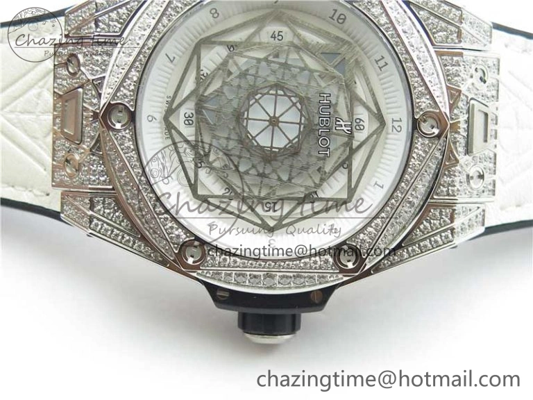 Big Bang Unico Sang Bleu Titanium Diamonds HBF Skeleton Dial on White Gummy Strap HUB FashionForward 6819