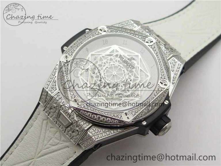 Big Bang Unico Sang Bleu Titanium Diamonds HBF Skeleton Dial on White Gummy Strap HUB FashionForward 6819