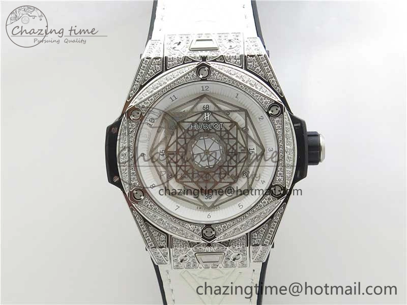 Big Bang Unico Sang Bleu Titanium Diamonds HBF Skeleton Dial on White Gummy Strap HUB FashionForward 6819