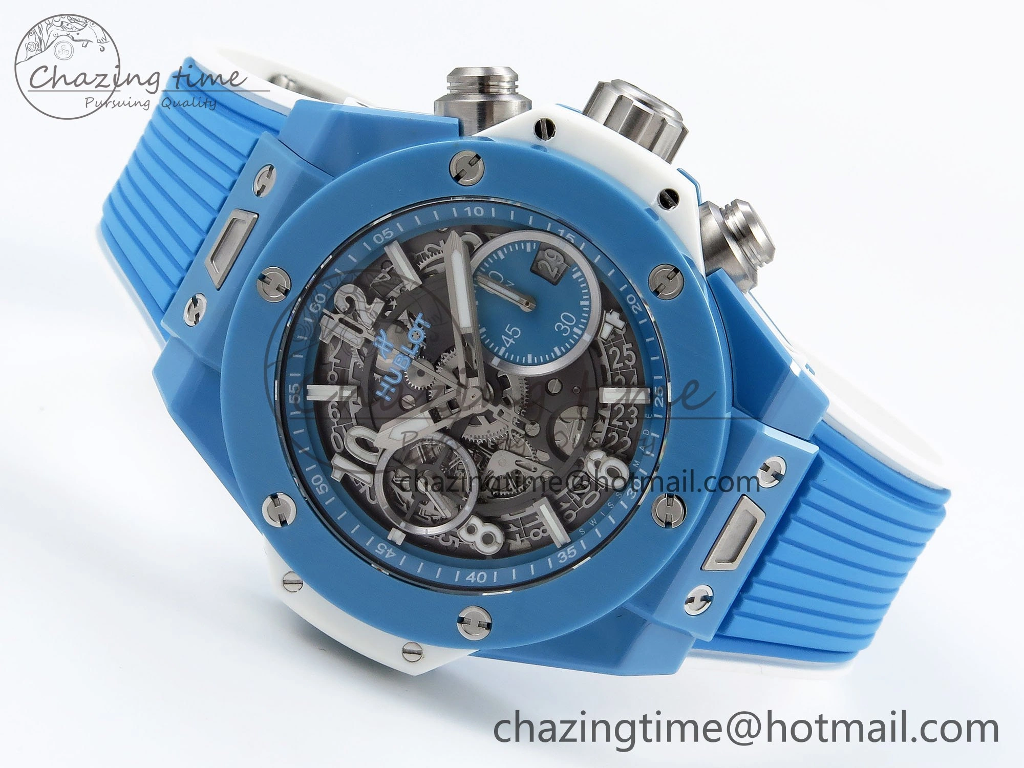 Breathable Big Bang Unico Sky Blue Ceramic BBF 1:1 Best Edition Skeleton Dial on Blue White Rubber Strap A 6733