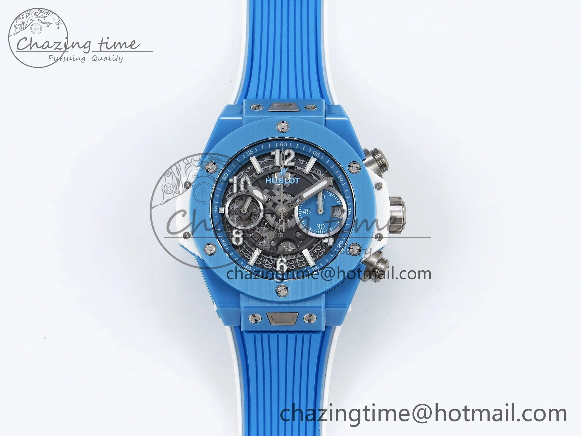 Breathable Big Bang Unico Sky Blue Ceramic BBF 1:1 Best Edition Skeleton Dial on Blue White Rubber Strap A 6733