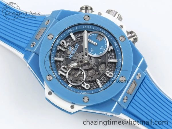 Breathable Big Bang Unico Sky Blue Ceramic BBF 1:1 Best Edition Skeleton Dial on Blue White Rubber Strap A 6733