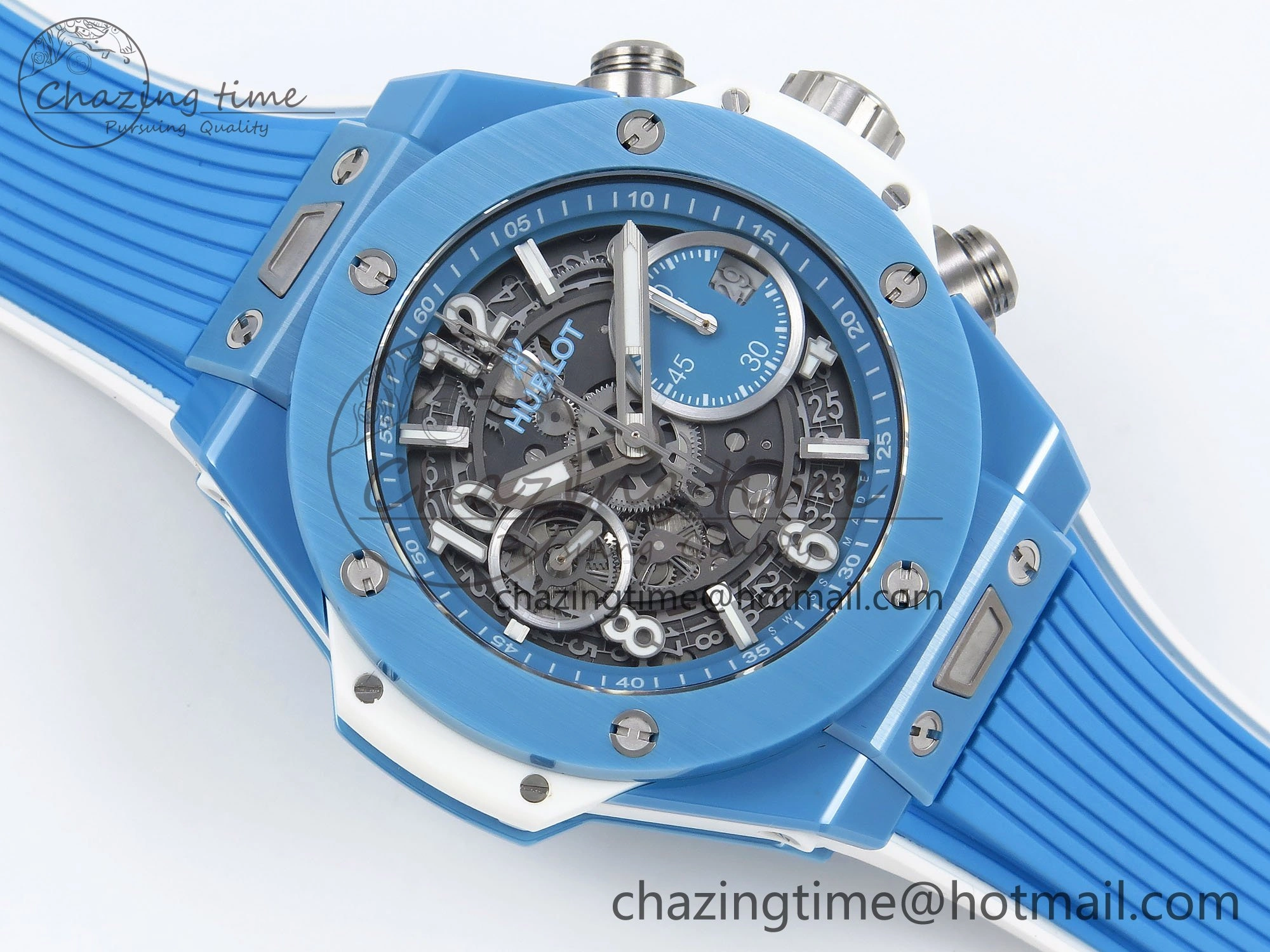 Breathable Big Bang Unico Sky Blue Ceramic BBF 1:1 Best Edition Skeleton Dial on Blue White Rubber Strap A 6733