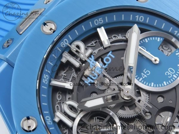 Breathable Big Bang Unico Sky Blue Ceramic BBF 1:1 Best Edition Skeleton Dial on Blue White Rubber Strap A 6733