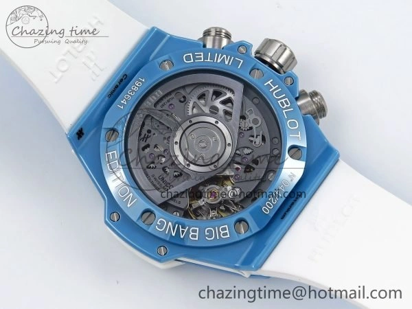 Breathable Big Bang Unico Sky Blue Ceramic BBF 1:1 Best Edition Skeleton Dial on Blue White Rubber Strap A 6733