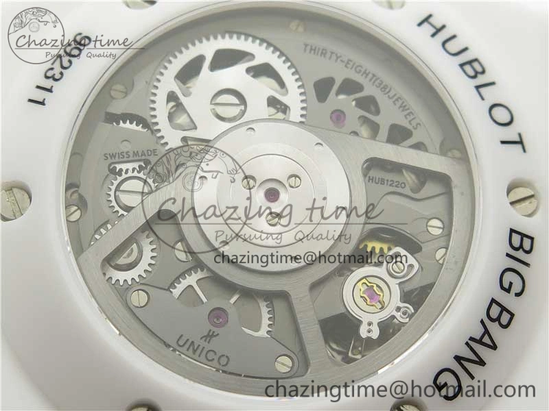 Chic Big Bang Unico White Ceramic HBF 1:1 Best Edition Black Skeleton Dial Rainbow Bezel on Whtie Rubber Strap A 6828
