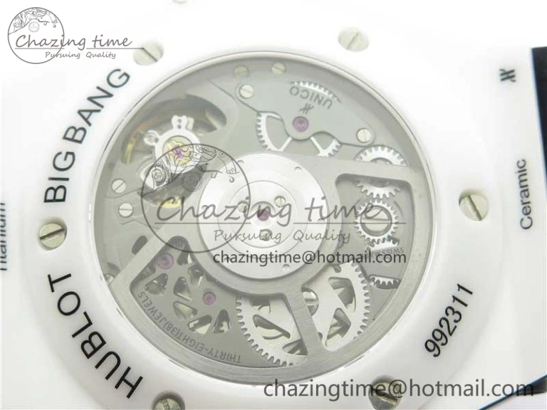 Chic Big Bang Unico White Ceramic HBF 1:1 Best Edition Black Skeleton Dial Rainbow Bezel on Whtie Rubber Strap A 6828