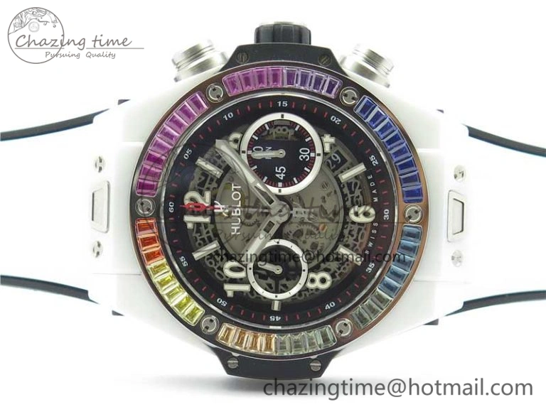 Chic Big Bang Unico White Ceramic HBF 1:1 Best Edition Black Skeleton Dial Rainbow Bezel on Whtie Rubber Strap A 6828