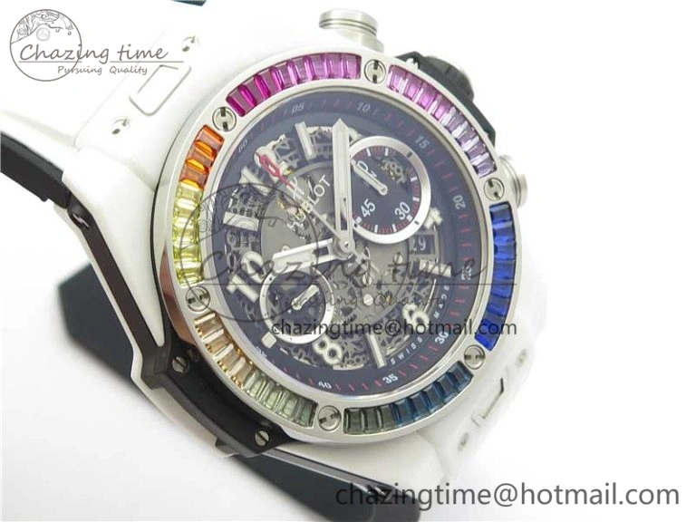 Chic Big Bang Unico White Ceramic HBF 1:1 Best Edition Black Skeleton Dial Rainbow Bezel on Whtie Rubber Strap A 6828