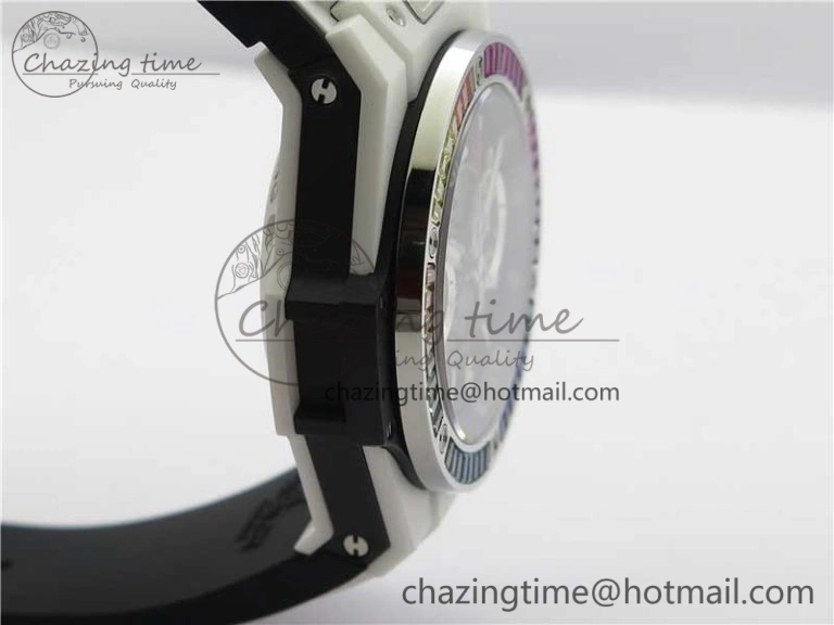 Chic Big Bang Unico White Ceramic HBF 1:1 Best Edition Black Skeleton Dial Rainbow Bezel on Whtie Rubber Strap A 6828