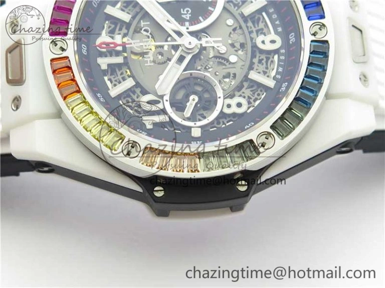 Chic Big Bang Unico White Ceramic HBF 1:1 Best Edition Black Skeleton Dial Rainbow Bezel on Whtie Rubber Strap A 6828