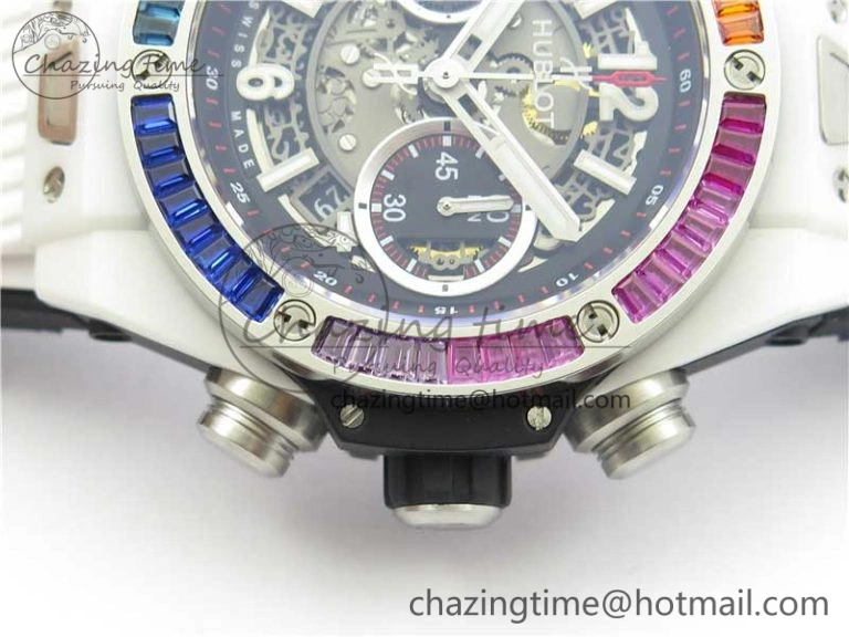Chic Big Bang Unico White Ceramic HBF 1:1 Best Edition Black Skeleton Dial Rainbow Bezel on Whtie Rubber Strap A 6828