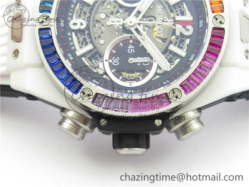 Chic Big Bang Unico White Ceramic HBF 1:1 Best Edition Black Skeleton Dial Rainbow Bezel on Whtie Rubber Strap A 6828