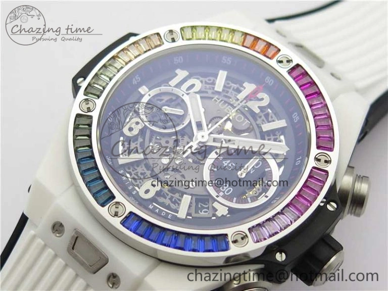 Chic Big Bang Unico White Ceramic HBF 1:1 Best Edition Black Skeleton Dial Rainbow Bezel on Whtie Rubber Strap A 6828