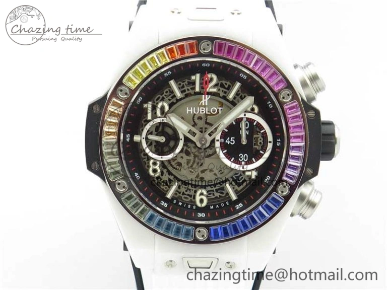 Chic Big Bang Unico White Ceramic HBF 1:1 Best Edition Black Skeleton Dial Rainbow Bezel on Whtie Rubber Strap A 6828
