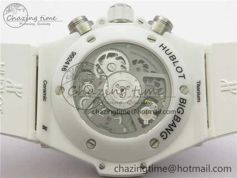 Big Bang Unico White Ceramic HBF 1:1 Best Edition White Skeleton Dial Rainbow Bezel on White Rubber Strap A GoAnywhere 6829