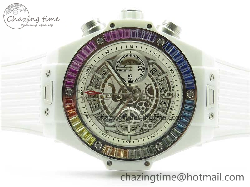Big Bang Unico White Ceramic HBF 1:1 Best Edition White Skeleton Dial Rainbow Bezel on White Rubber Strap A GoAnywhere 6829