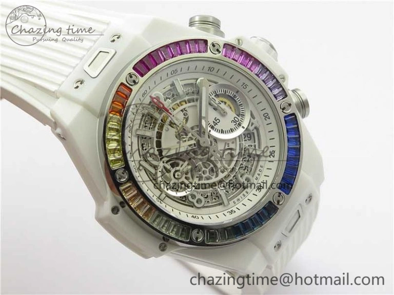 Big Bang Unico White Ceramic HBF 1:1 Best Edition White Skeleton Dial Rainbow Bezel on White Rubber Strap A GoAnywhere 6829