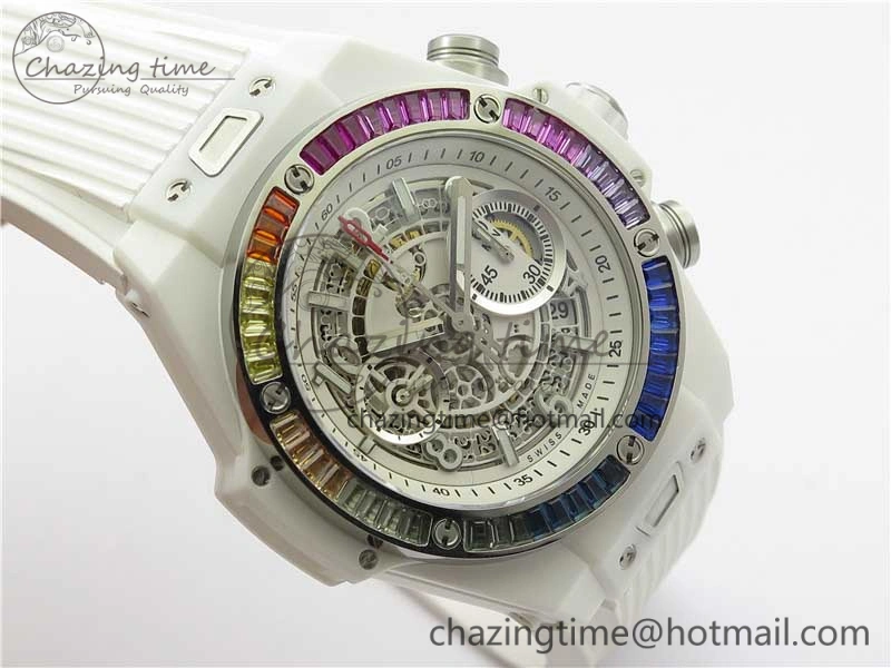 Big Bang Unico White Ceramic HBF 1:1 Best Edition White Skeleton Dial Rainbow Bezel on White Rubber Strap A GoAnywhere 6829