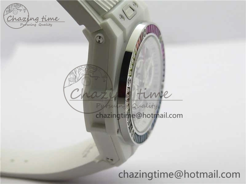Big Bang Unico White Ceramic HBF 1:1 Best Edition White Skeleton Dial Rainbow Bezel on White Rubber Strap A GoAnywhere 6829