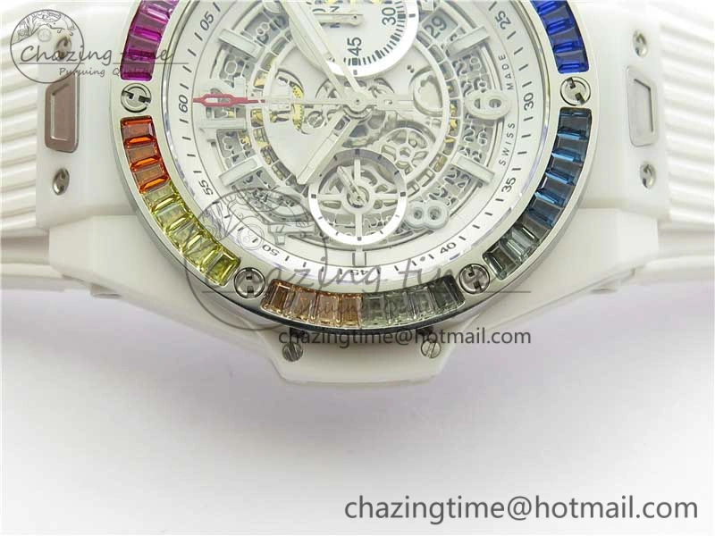 Big Bang Unico White Ceramic HBF 1:1 Best Edition White Skeleton Dial Rainbow Bezel on White Rubber Strap A GoAnywhere 6829