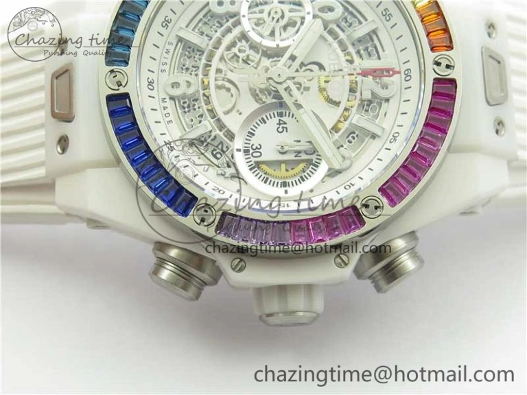 Big Bang Unico White Ceramic HBF 1:1 Best Edition White Skeleton Dial Rainbow Bezel on White Rubber Strap A GoAnywhere 6829