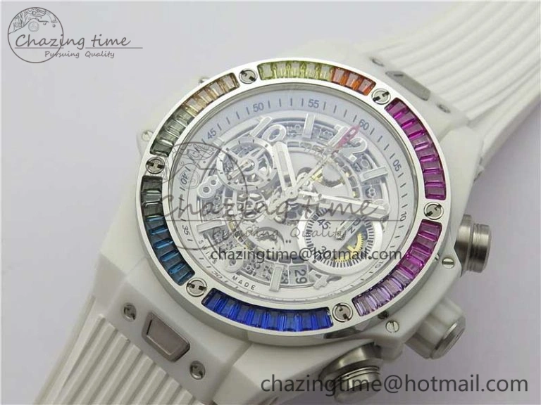 Big Bang Unico White Ceramic HBF 1:1 Best Edition White Skeleton Dial Rainbow Bezel on White Rubber Strap A GoAnywhere 6829