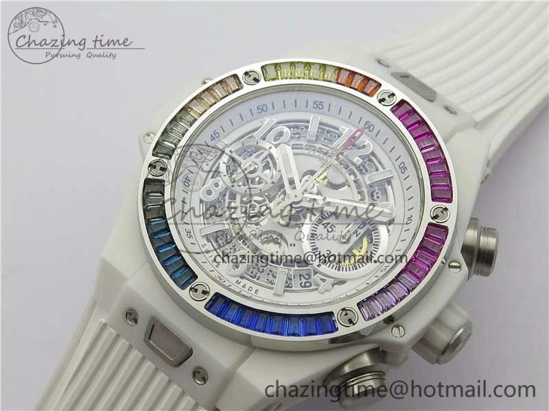 Big Bang Unico White Ceramic HBF 1:1 Best Edition White Skeleton Dial Rainbow Bezel on White Rubber Strap A GoAnywhere 6829