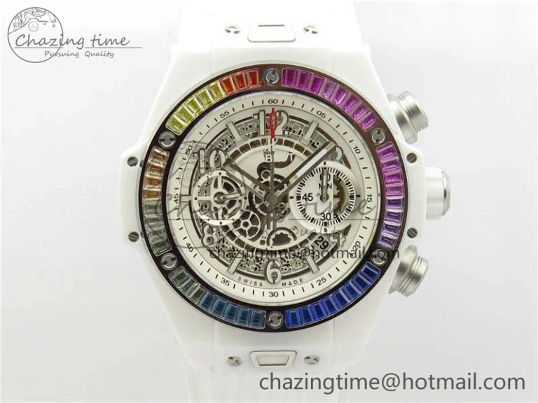 Big Bang Unico White Ceramic HBF 1:1 Best Edition White Skeleton Dial Rainbow Bezel on White Rubber Strap A GoAnywhere 6829