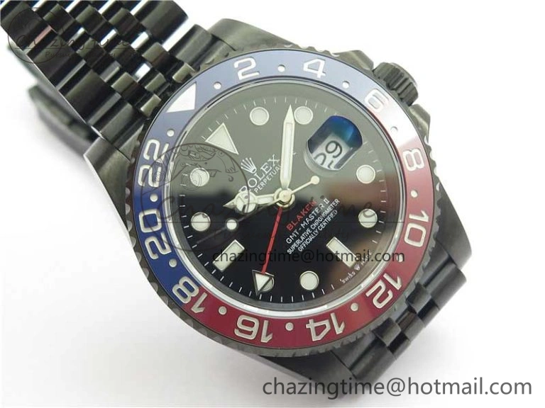 Premium Blaken GMT Master II Red Blue Ceramic DLC GSF Best Edition Black Dial on Jubilee Bracelet A 2593