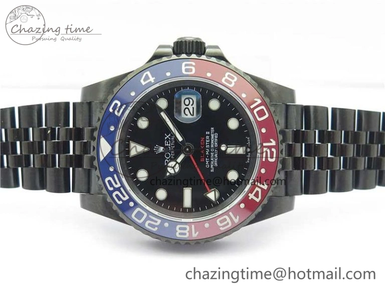 Premium Blaken GMT Master II Red Blue Ceramic DLC GSF Best Edition Black Dial on Jubilee Bracelet A 2593