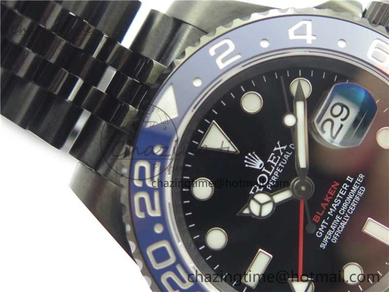 Premium Blaken GMT Master II Red Blue Ceramic DLC GSF Best Edition Black Dial on Jubilee Bracelet A 2593