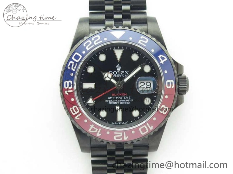 Premium Blaken GMT Master II Red Blue Ceramic DLC GSF Best Edition Black Dial on Jubilee Bracelet A 2593
