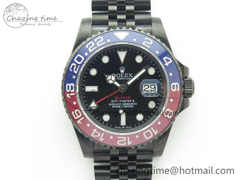 Premium Blaken GMT Master II Red Blue Ceramic DLC GSF Best Edition Black Dial on Jubilee Bracelet A 2593