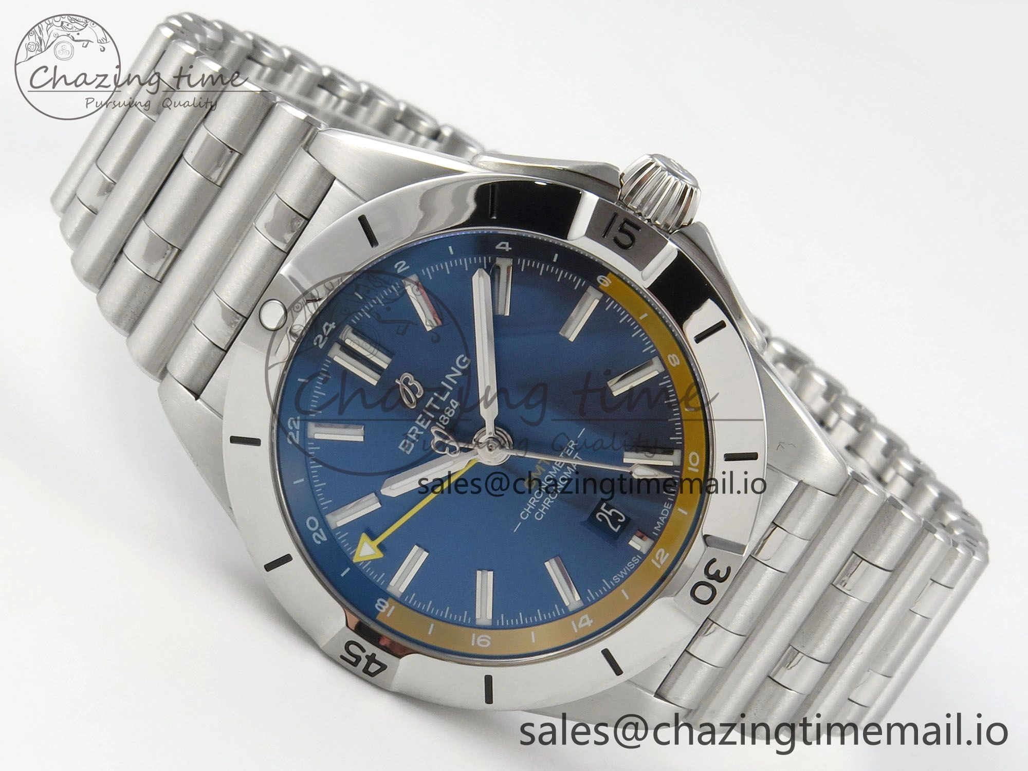 Neat Breitling BLSF Chronomat Automatic 1:1 Best Edition GMT 40mm Blue Dial with Inner Yellow Rim On SS Bracelet 5378