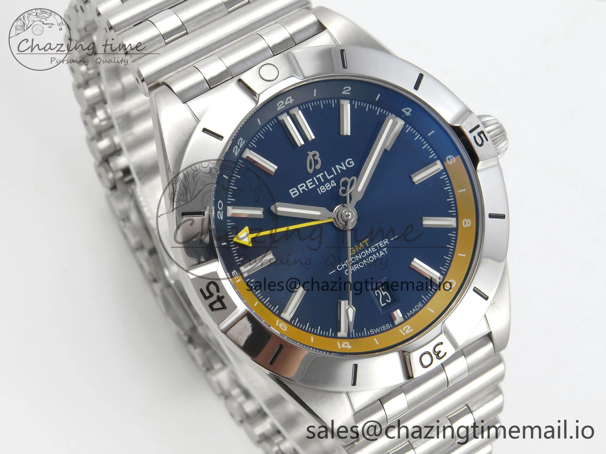Neat Breitling BLSF Chronomat Automatic 1:1 Best Edition GMT 40mm Blue Dial with Inner Yellow Rim On SS Bracelet 5378