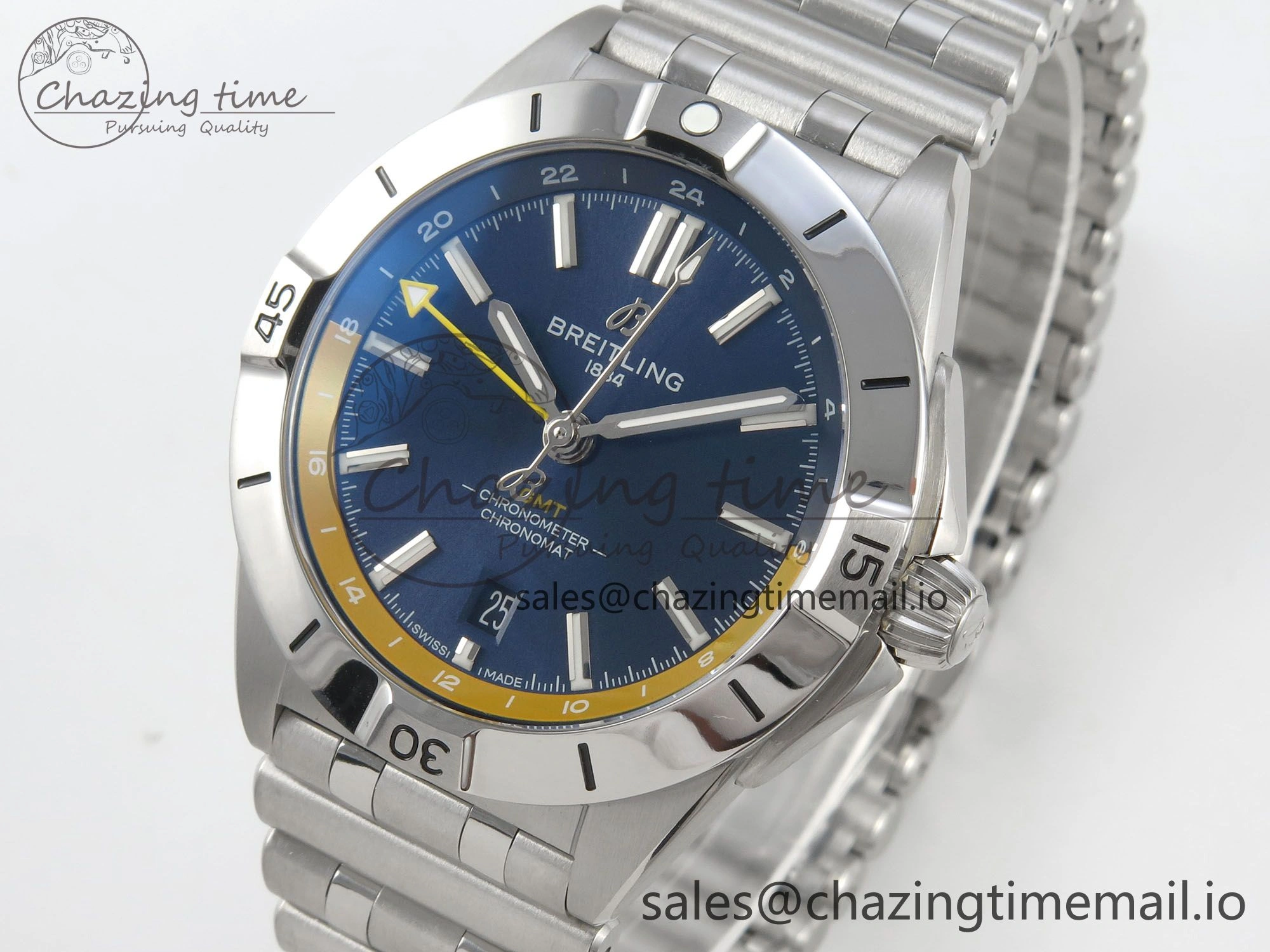 Neat Breitling BLSF Chronomat Automatic 1:1 Best Edition GMT 40mm Blue Dial with Inner Yellow Rim On SS Bracelet 5378