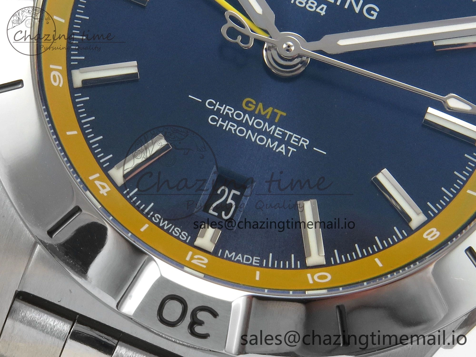 Neat Breitling BLSF Chronomat Automatic 1:1 Best Edition GMT 40mm Blue Dial with Inner Yellow Rim On SS Bracelet 5378