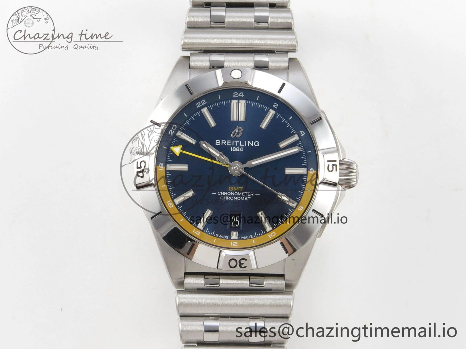 Neat Breitling BLSF Chronomat Automatic 1:1 Best Edition GMT 40mm Blue Dial with Inner Yellow Rim On SS Bracelet 5378