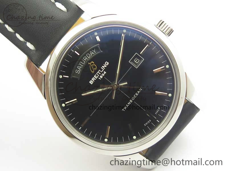 Breitling Transocean Day & Date SS V7F 1:1 Best Edition Black Dial on Black Leather Strap A Upgraded 5624