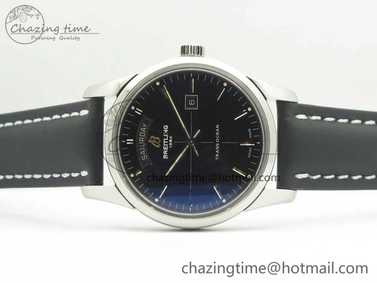 Breitling Transocean Day & Date SS V7F 1:1 Best Edition Black Dial on Black Leather Strap A Upgraded 5624