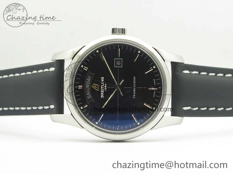 Breitling Transocean Day & Date SS V7F 1:1 Best Edition Black Dial on Black Leather Strap A Upgraded 5624