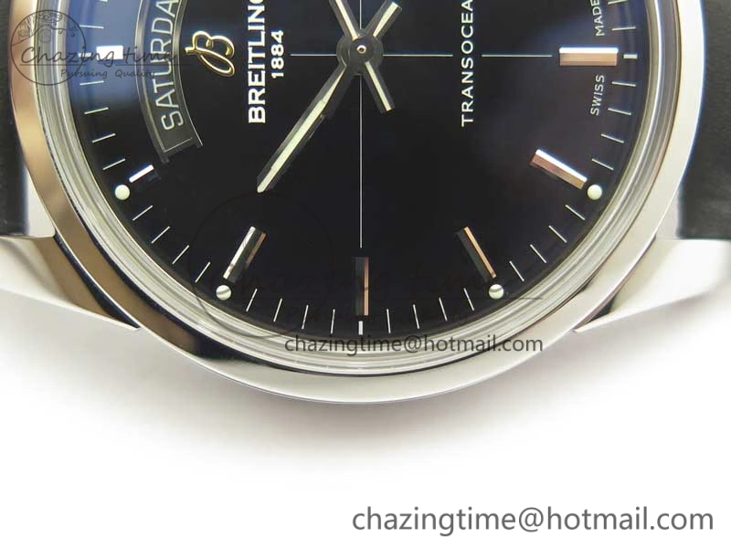 Breitling Transocean Day & Date SS V7F 1:1 Best Edition Black Dial on Black Leather Strap A Upgraded 5624