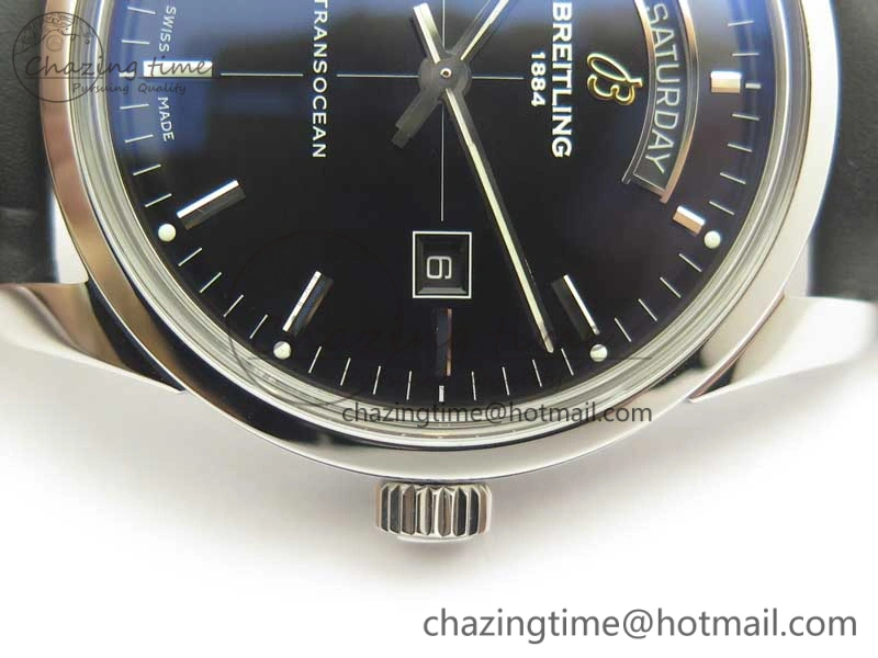 Breitling Transocean Day & Date SS V7F 1:1 Best Edition Black Dial on Black Leather Strap A Upgraded 5624