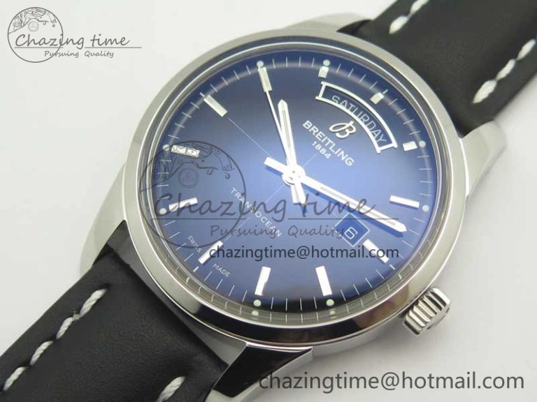 Breitling Transocean Day & Date SS V7F 1:1 Best Edition Black Dial on Black Leather Strap A Upgraded 5624