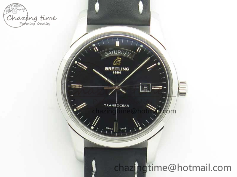 Breitling Transocean Day & Date SS V7F 1:1 Best Edition Black Dial on Black Leather Strap A Upgraded 5624